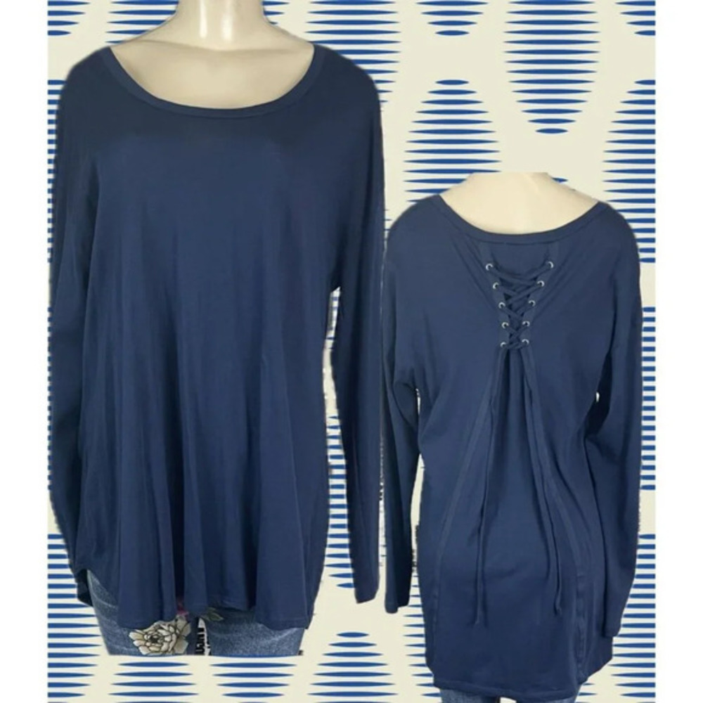 OSO Casuals XL Navy Blue Crew Neckline Cotton Tie Lace-Up Back Long Sleeve Tee